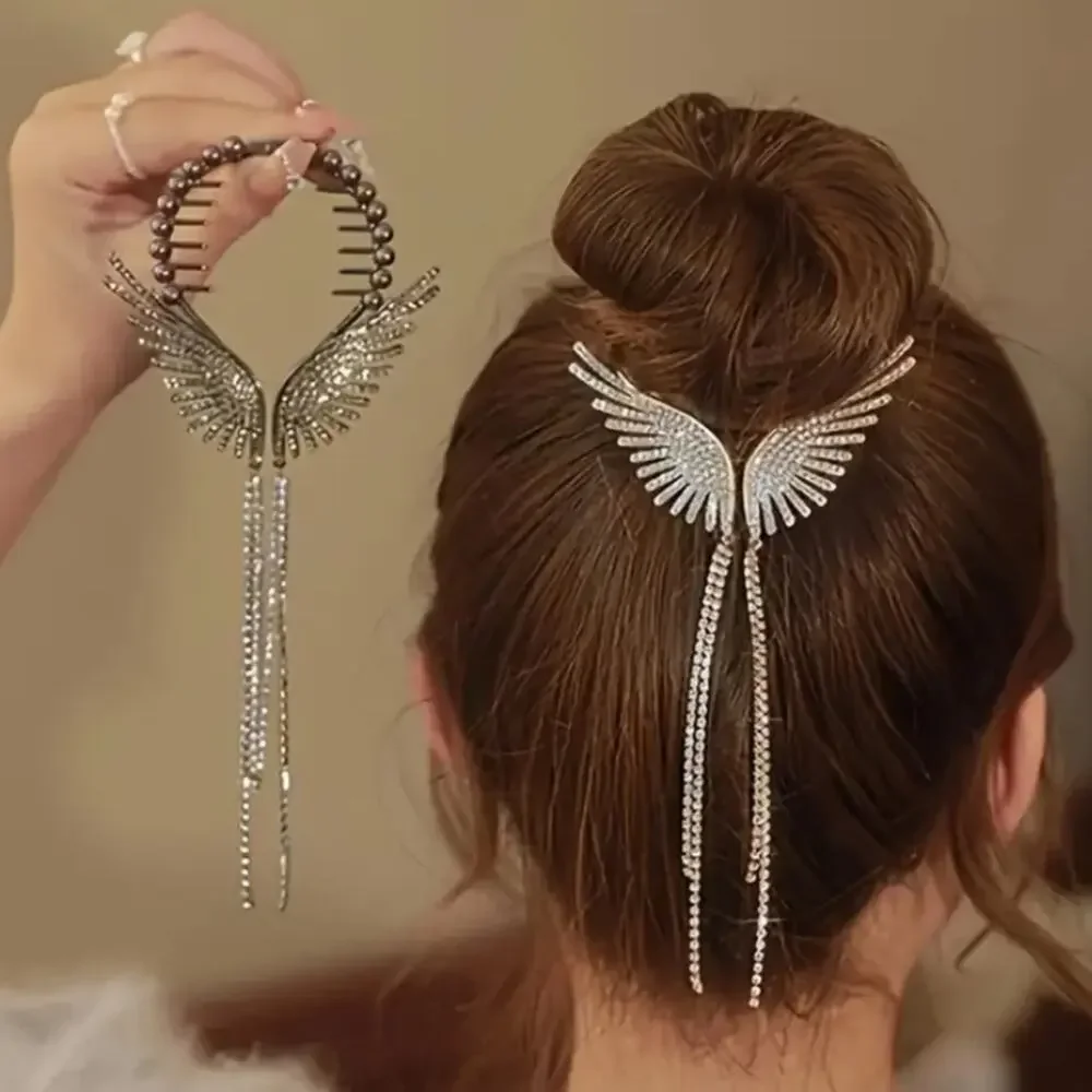 Silver Pearl Rhinestone Angel Wing Hair Clip Claw Hair Accessory